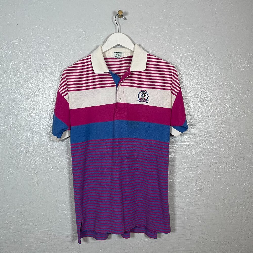Vintage Mickeys Golf Club Aureus Disney Unisex M Blue White Pink Stripe Polo